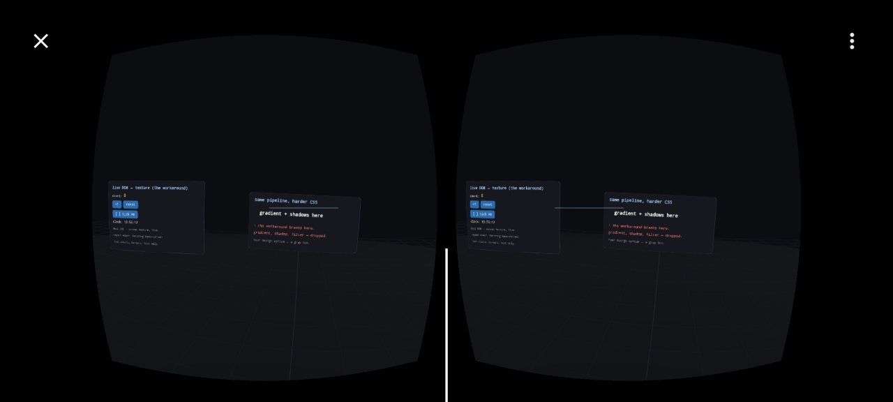 The same demo shown as a stereo pair inside an immersive WebXR session on a phone. The left-eye and right-eye views sit side by side with barrel distortion for the lenses; the panel is a surface floating in the 3D scene, and its counter reads 5 with the toggle checked — both driven from inside VR.